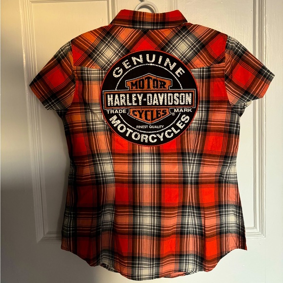 Orange & navy Harley Davidson button-up t-shirt with rhinestones - Picture 3 of 3